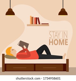 Man lying reading in bed. Stay in home poster - Vector