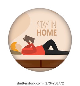 Hombre tirado leyendo en la cama. Quédate en casa - Vector
