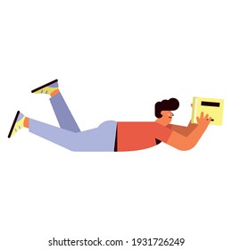 man lying reading book character