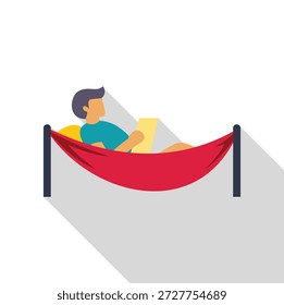 El hombre está acostado en la hamaca roja y leyendo un libro, disfrutando de su tiempo libre