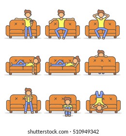 Man lying, relax, lazy and scary on couch in room flat style set. Big kit vector character on sofa line illustration icon.