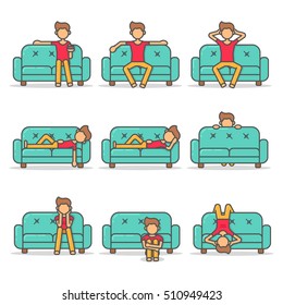 Man Lying, Relax, Lazy And Scary On Couch In Room Flat Style Set. Big Kit Vector Character On Sofa Line Illustration Icon.