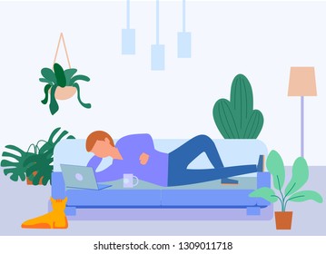 Man lying relaxing on the sofa couch and using laptop. Household series vector illustration. The man spending time online. 