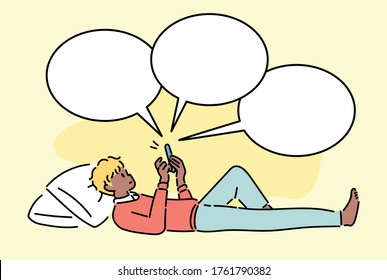 A man is lying and sending a message on his phone. hand drawn style vector design illustrations. 