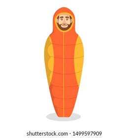 Man lying in the sleeping bag. Camping equipment. Adventure on the nature, outdoor activity. Isolated vector illustration in cartoon style