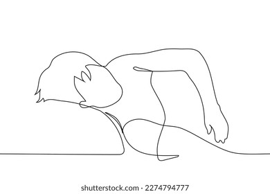 hombre tendido o durmiendo en la cama - un vector de dibujo de una línea. concepto de sueño