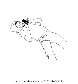 man lying and watching in his phone isolated linear black and white sketch