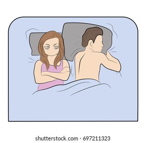 The man is lying with the woman on the bed. The man turned away from the woman. The woman reflects. vector illustration.