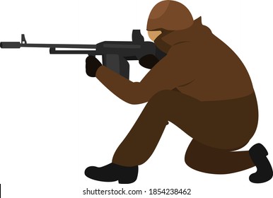 Hombre con ametralladora, ilustración, vector sobre fondo blanco