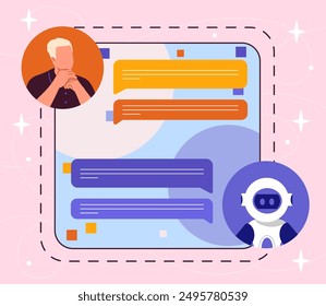 Man with machine translation. Guy uses Internet bot to translate texts. AI mobile application. Artificial intelligence and machine learning. Flat vector illustration isolated on violet background