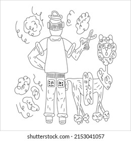 A man made an alpaca with scissors . Tufts of wool fly in different directions. Isolated on a white background. Coloring book for kids.
