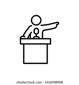 Man made gesture hand with loudspeaker behind tribune. Debate concept icon outline.