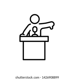 Man made gesture hand no, behind tribune with microphone. Debate concept icon outline.