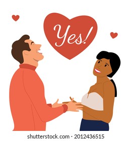 The man made a marriage proposal to his beloved and she said YES! Vector illustration of two newlyweds.