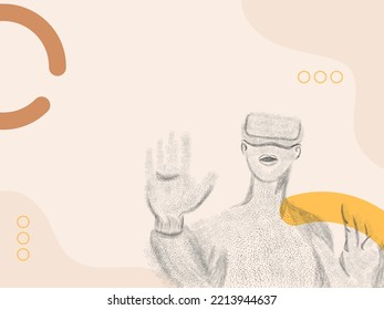 Man Made Of Particle Dots With Something Touching Through VR Box On Beige Background.
