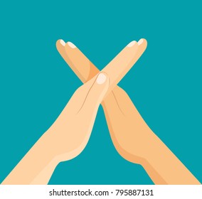 Man made X sign by crossing their hands isolated. Vector flat style illustration