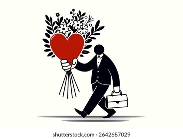 Man, madly in love, goes on date with his beloved with luxurious bouquet of flowers. Black and white vector illustration is ideal for postcard, leaflet, poster, banner, magazine, brochure and other ad