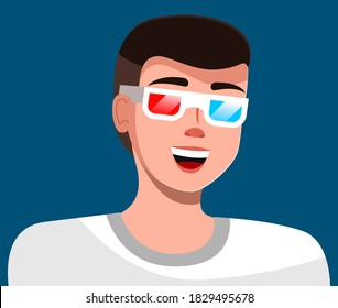 Man in magic glasses avatar isolated on blue. Vector cartoon illustration male game blogger portrait in technological glasses with colored lenses to watch 3d video. Young happy smiling character