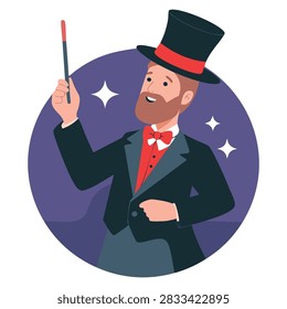 Man with magic wand vector illustration cartoon style ideal for illusionist, stage performer, witchcraft, paranormal, superpowers, imagination, and fantasy