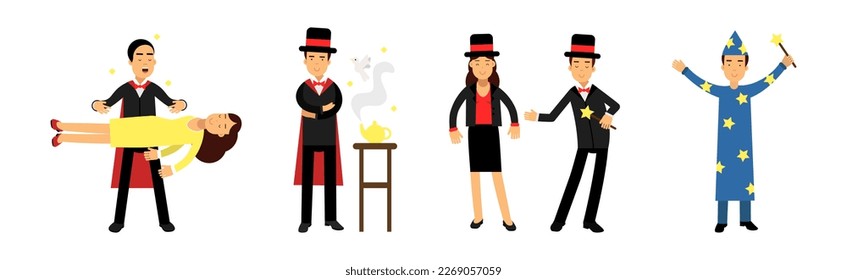 Man Magician in Black Suit and Hat Showing Magic Tricks on Stage Vector Set