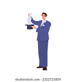Man magician circus artist character in tailcoat costume pulling rabbit or bunny from top hat