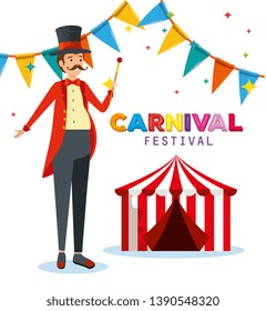 man magician costume with circus and party banner