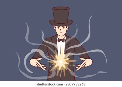 Man magician demonstrates magic tricks to entertain guests of circus or entertainment event. Mysterious guy magician in black tuxedo hat takes part in television show of illusionists