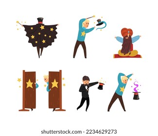 Man Magician Showing Tricks and Focuses for Entertainment Vector Set
