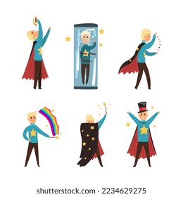 Man Magician Showing Tricks and Focuses for Entertainment Vector Set