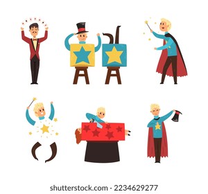 Man Magician Showing Tricks and Focuses for Entertainment Vector Set