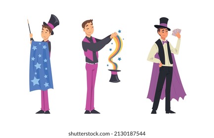 Man Magician with Top Hat Performing Different Magic Tricks on Stage with Cards and Wand Vector Set