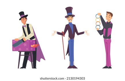 Man Magician with Top Hat Performing Different Magic Tricks on Stage with Saw and Rings Vector Set