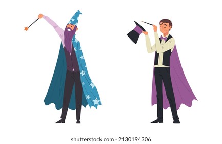 Man Magician with Top Hat Performing Different Magic Tricks on Stage with Wand Vector Set
