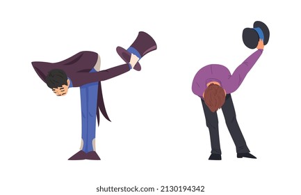 Man Magician with Top Hat Performing Different Magic Tricks on Stage Bowing to the Audience Vector Set