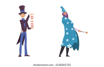 Man Magician with Top Hat Performing Different Magic Tricks on Stage with Cards and Wand Vector Set