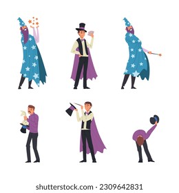 Man Magician with Top Hat Performing Different Magic Tricks on Stage Vector Set
