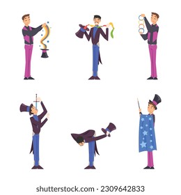 Man Magician with Top Hat Performing Different Magic Tricks on Stage Vector Set