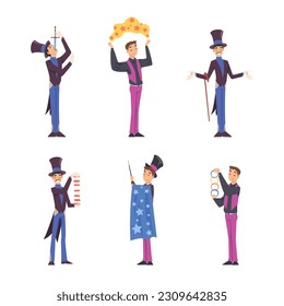 Man Magician with Top Hat Performing Different Magic Tricks on Stage Vector Set
