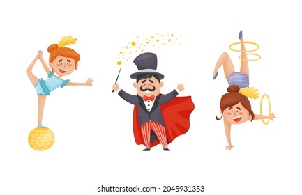 Man Magician in Top Hat and Woman Gymnast as Circus Artist Character Performing on Stage or Arena Vector Set