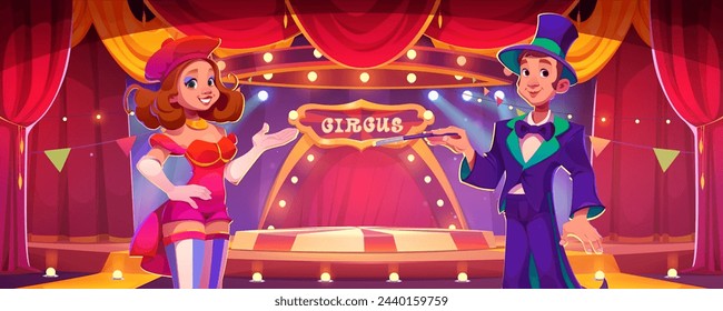 Man magician with woman assistant or circus stage or theatre scene with round platform, arch entrance, red curtains and spotlights. Cartoon vector illustration of fun fair festival entertainment.