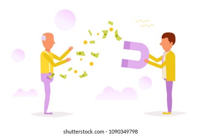 Man magnetizes money. Theft Vector. Cartoon. Isolated art on white background. Flat 
