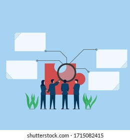 Man with magnifier analyze piece of puzzle metaphor of solution. Business flat vector concept illustration for Wallpaper, Banner, Background, Infographic, Book, And Web Landing Page.