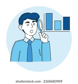 Man with magnifier and bar chart. Data analysis, statistics, statistical information, strategy, analytic, budget accounting, study. Vector illustration in blue colors on white background