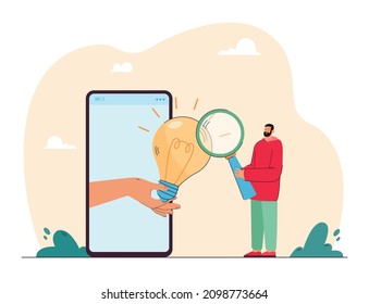 Man with magnifier in front of smartphone with lightbulb. Person looking for idea or solution flat vector illustration. Innovation and technology concept for banner, website design or landing web page