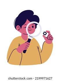 man with magnifier and gear isolated icon