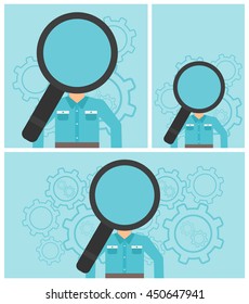 Hombre con lupa en lugar de cabeza sobre fondo azul con ruedas cognitivas. Concepto de contratación de personal. Ilustración de diseño plana vectorial. Diseño cuadrado, horizontal, vertical.