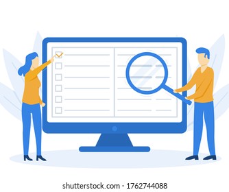 Un hombre con una lupa busca información en el monitor, una mujer saca una hoja de verificación en el monitor. Análisis de datos. Ilustración del vector de búsqueda de información.