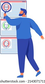 Man with magnifier looking at user profiles in social network or messenger. Male character analyses list of virtual accounts. App for chatting and mailing design element. Guy searching for candidates