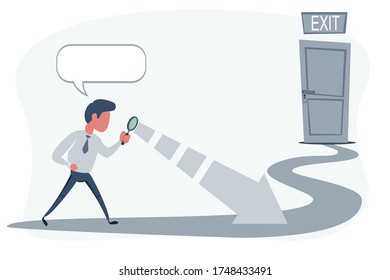Man with a magnifier is looking for a way out. Searching for the profit concept. Vector illustration, Minimalist white gray flat business style modern design.