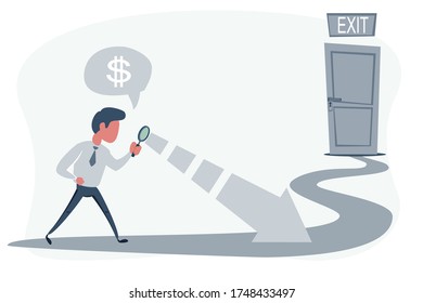 Un hombre con una lupa está buscando una salida. Buscando el concepto de ganancia. Ilustración vectorial, diseño moderno de estilo empresarial blanco y gris minimalista.